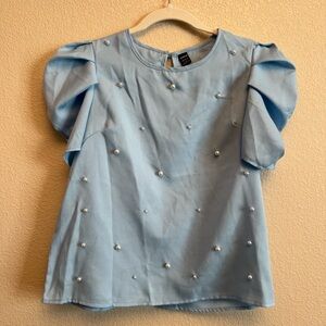 SHEIN Blue Pearl Beaded Top | S